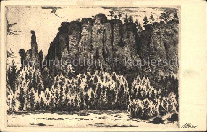 Saechsische Schweiz Pfaffenstein mit Barbarina Radierung