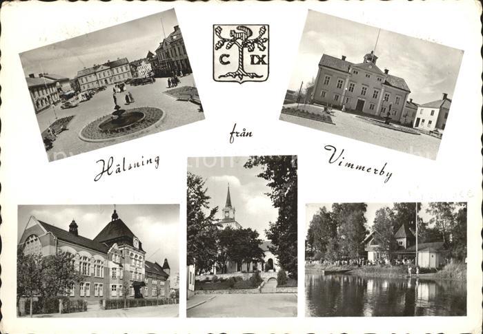 Haelsning fran Vimmerby Markt Rathaus Kirche Teich