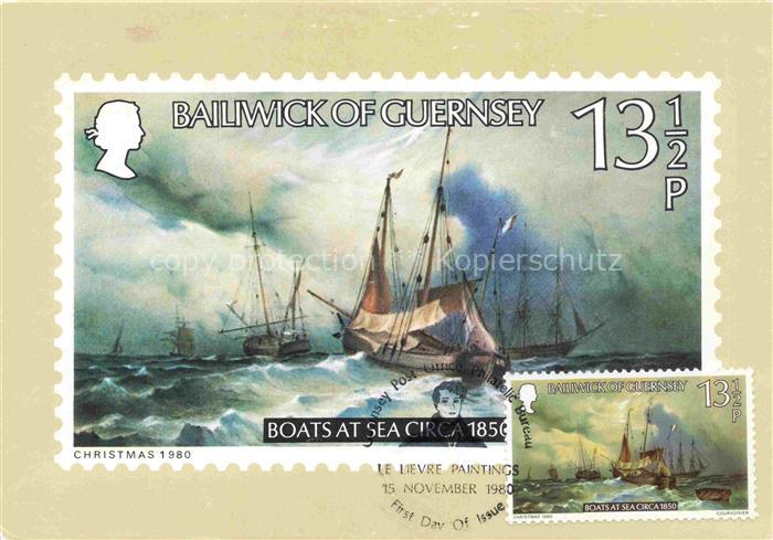 Briefmarken auf AK Timbres Postage Francobollo-- Segelschiff Guernsey