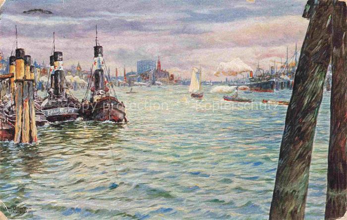 ULLMANN Max Kuenstlerkarte Hamburger Hafen Landungsbruecke