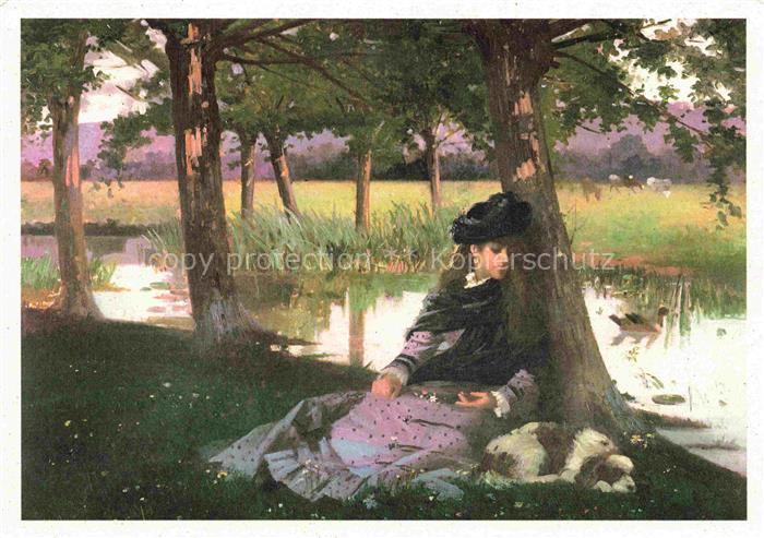 ROssI Alexander M. (1840-1916) Kuenstlerkarte Ein Nachmittag am Fluss mit einem