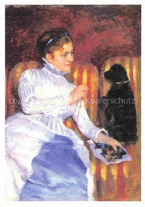 CAssATT Mary (1844-1926) Kuenstlerkarte Frau mit Hund gestreifter sofa