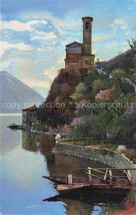 Albogasio Lago di Lugano IT Lago-di-Lugano Kirchturm Felsen Seeufer Boot Berge H
