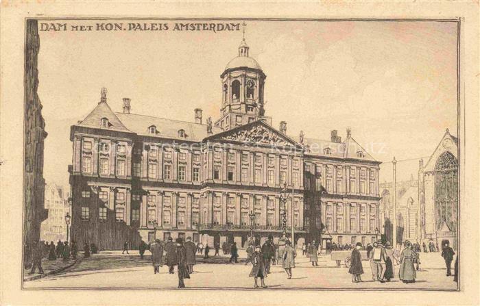 Amsterdam NL Dam Koninklijk-Paleis Kuppel Passanten Platz Fassade Kirche Zeichn