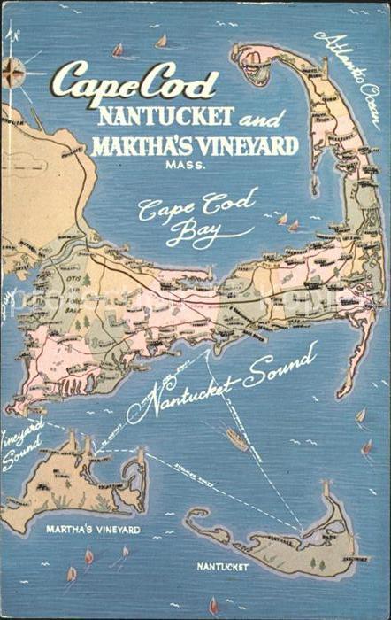 Cape Cod Mass. Bay Nantucket and Marthas Vineyard Map