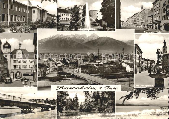 Rosenheim Bayern Bahnhof Salinengarten Fontaene Platz Innbruecke Park Alpen