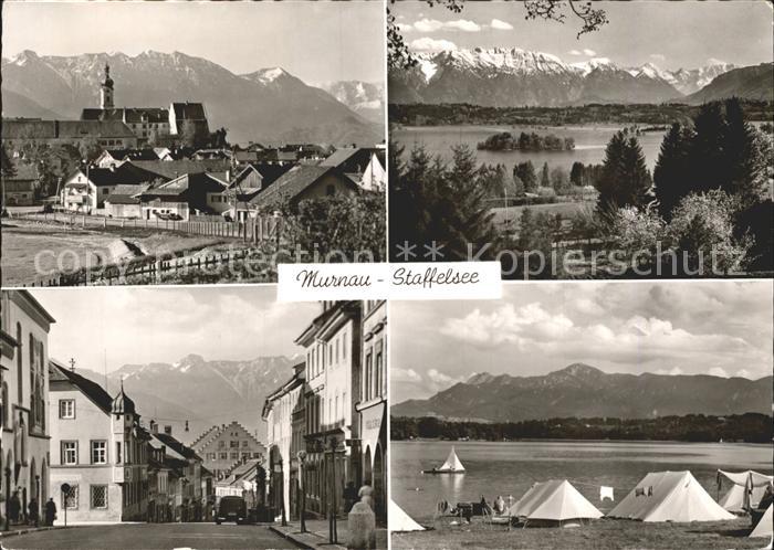 Murnau Staffelsee Ortsansicht mit Kirche Strassenpartie Campingplatz Alpenpanora