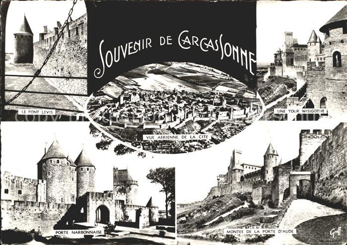 Carcassonne Pont Levis Tour Porte Remparts vue aerienne de la Cite