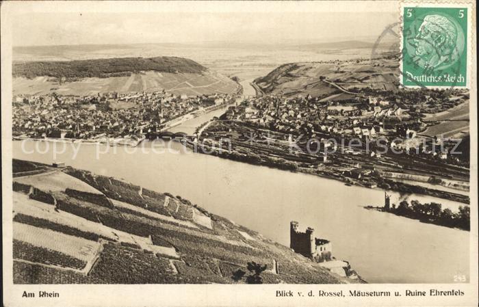 Bingen Rhein Blick von der Rossel mit Maeuseturm und Ruine Ehrenfels
