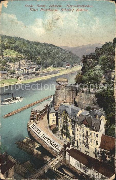 Herrnskretschen Boehmen Hotel Hetschel mit Bahnhof Schoena