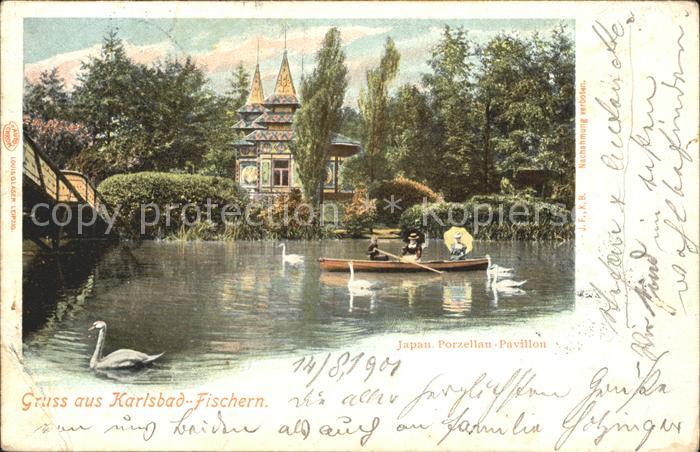 Fischern Karlsbad Japanischer Porzellan-Pavillon Teich Schwaene