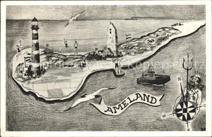 Ameland Inselblick Leuchtturm Kirche Dampfer Zeichnung