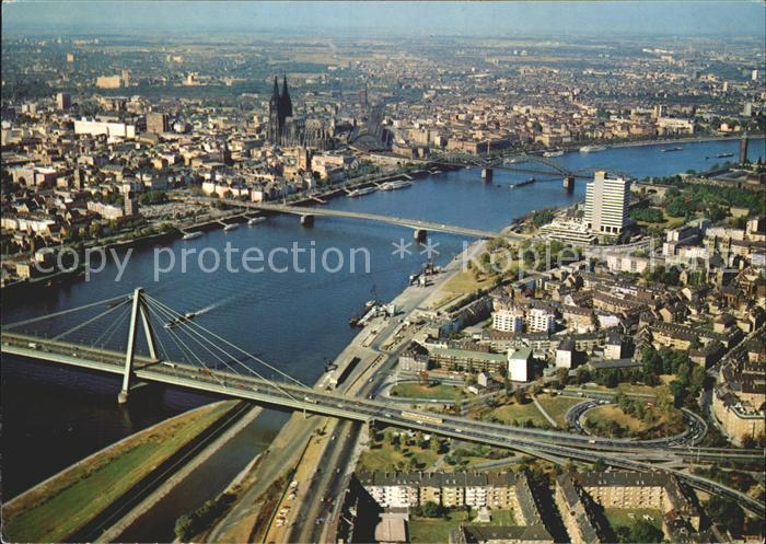 Koeln Rhein Rheinblick mit Dom und Severinsbruecke Deutzer und Hohenzollernbruec