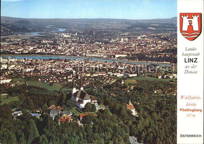 Linz Donau mit Wallfahrtskirche Poestlingberg Fliegeraufnahme