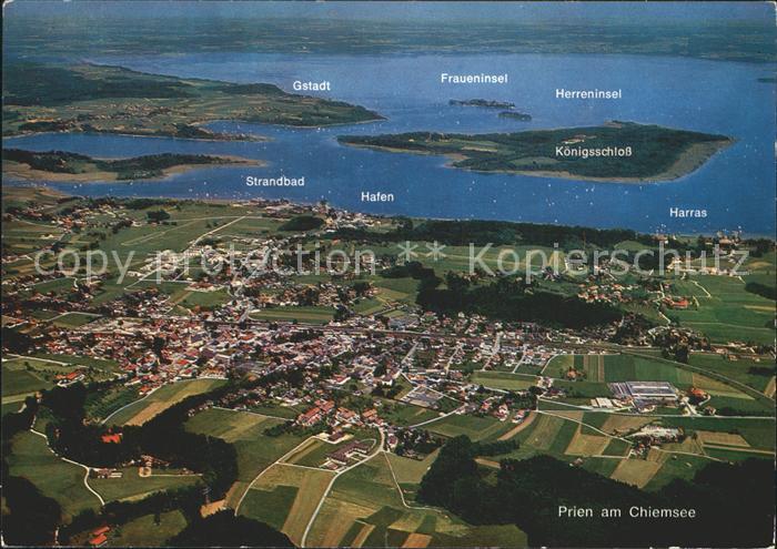 Prien Chiemsee mit Frauen und Herreninsel Fliegeraufnahme