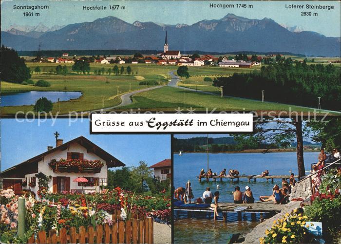 Eggstaett Oberbayern mit Hochfelln und Hochgern Blumenschmuck Strandbad am Harts
