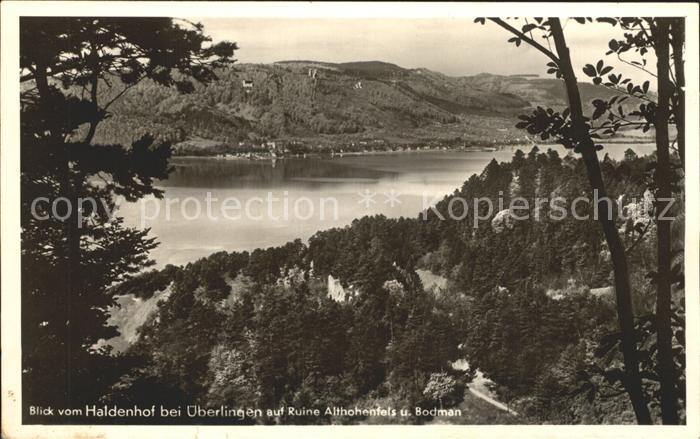 ueberlingen Bodensee Blick vom Haldenhof auf Ruine Althohenfels und Bodman