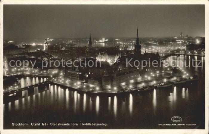 Stockholm Usikt fran Stadshusets torn i kvaellsbelysning