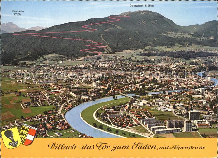 Villach Kaernten mit Villacher Alpenstrasse und Dobratsch Fliegeraufnahme