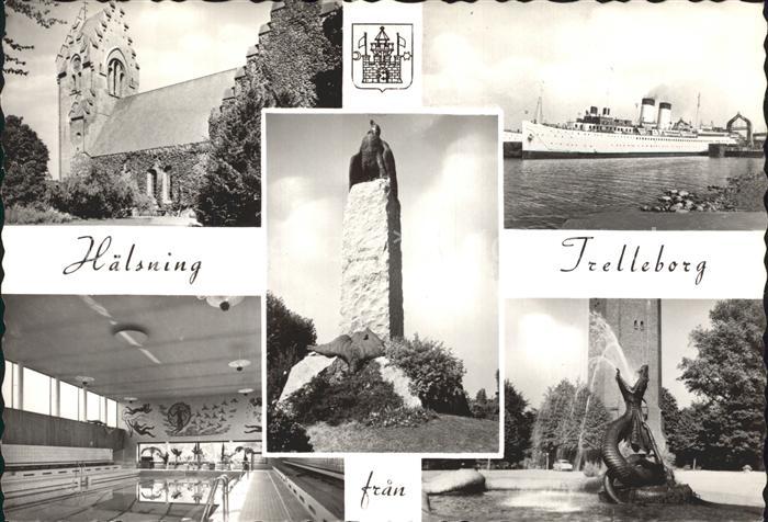 Haelsning und Trelleborg Kirche Schwimmbad Denkmal Ozeandampfer Drachenbrunnen