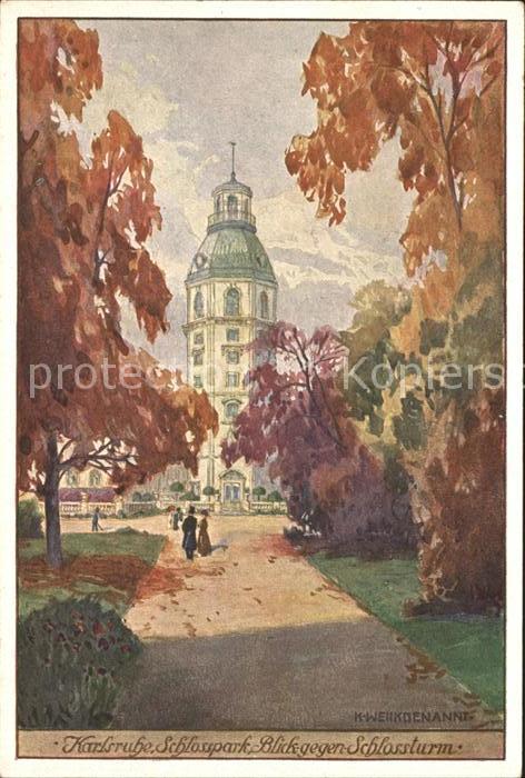 Karlsruhe Schlosspark Schlossturm Kuenstlerkarte K. Weickgenannt
