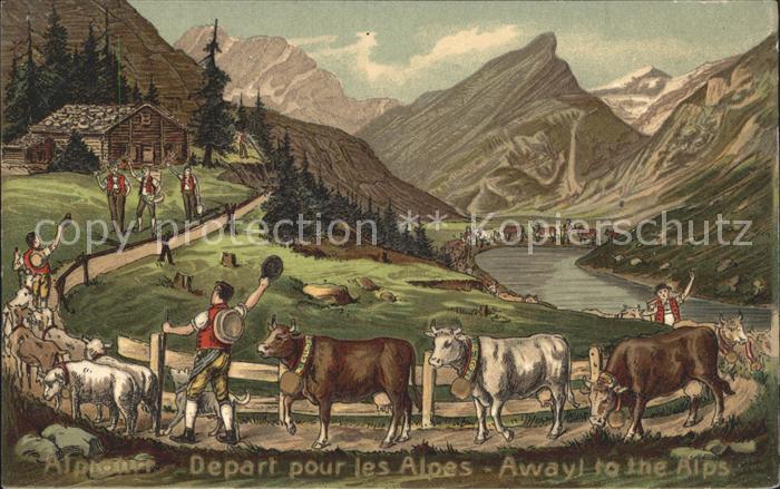 Kuehe Alpfahrt Senner Litho