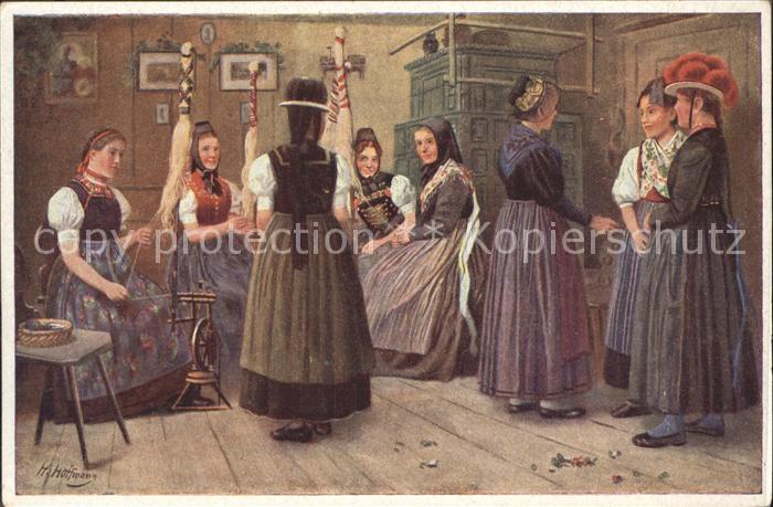 Hoffmann Heinrich Spinnstube im Schwarzwald Trachten Bollenhut - P O S T K A R T