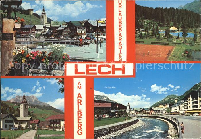 Lech Vorarlberg Ortsblick Tennisplatz Schwimmbad Kirche Lechpartie