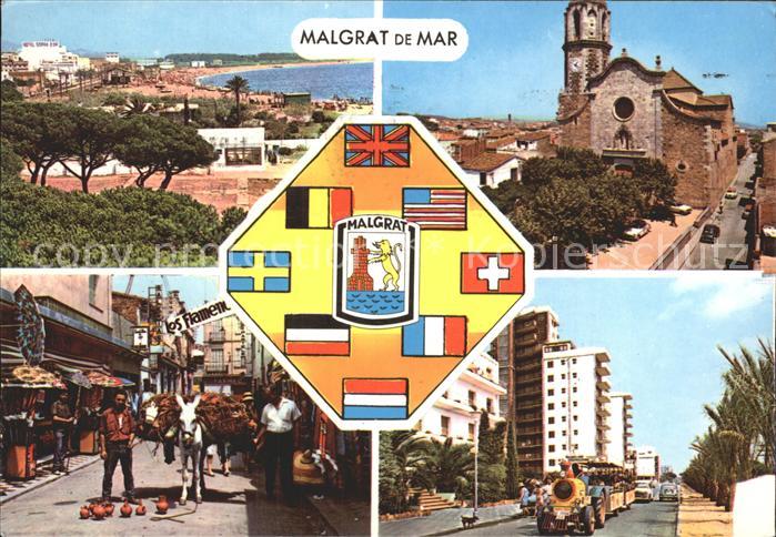 Malgrat de Mar Strand Kirche Dorfmotiv mit Esel Strassenpartie