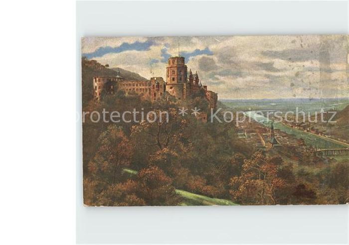 Kuenstlerkarte M. Schoene Heidelberg von der Terrasse gesehen