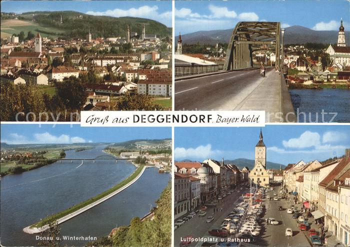 Deggendorf Donau Ortsansicht Bruecke Donau und Winterhafen Luitpoldplatz Rathaus
