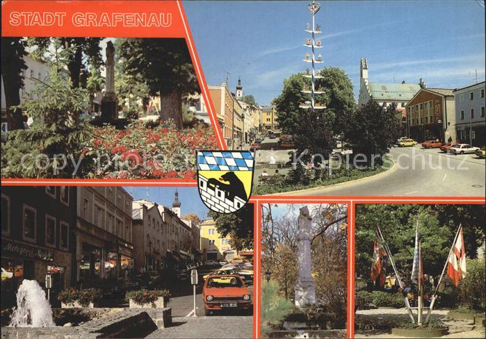 Grafenau Niederbayern Park Ortansicht Maibaum Strassenpartie Denkmal Fahnen