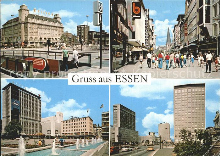 Essen Ruhr UBahn Station Fussgaengerzone Hochhaus Denkmal Wasserspiele