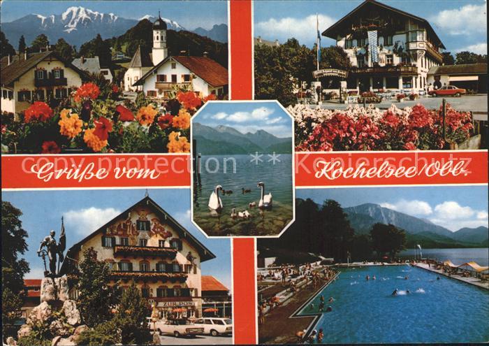 Kochel See Partie an der Kirche Hotel Restaurant Schwaene Schwimmbad Statue