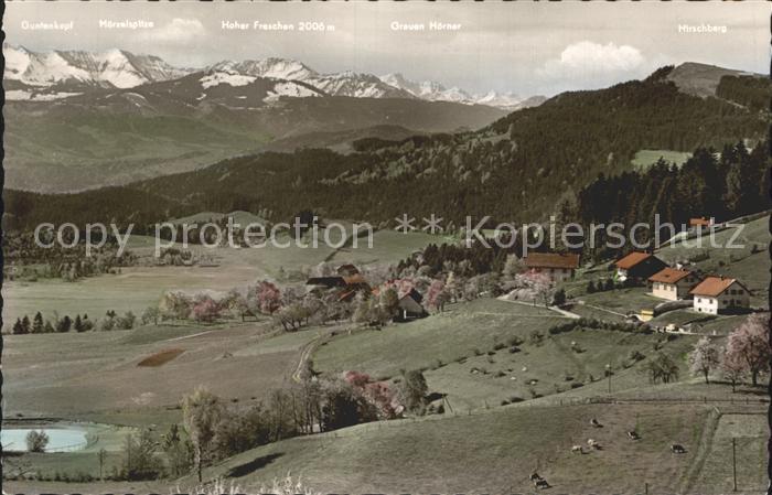 Scheidegg Allgaeu Blick zum Alpenfreibad und Bregenzer Wald Alpenkette