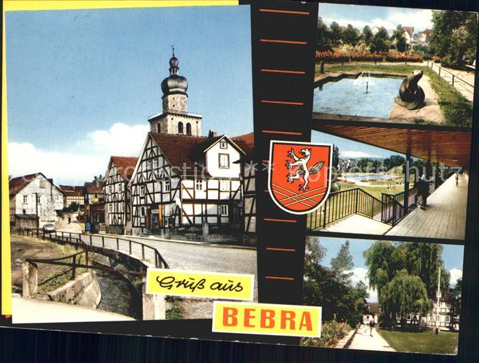 Bebra Ortspartie Fachwerkhaus Skulptur Freibad Wappen