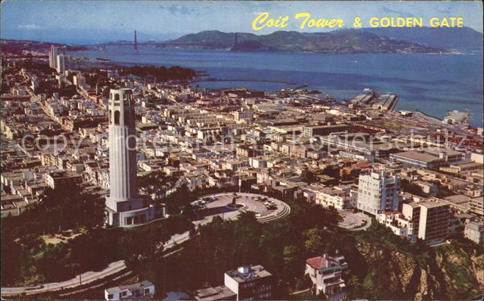 San Francisco California Coit Tower and Golden Gate Bridge aerial view