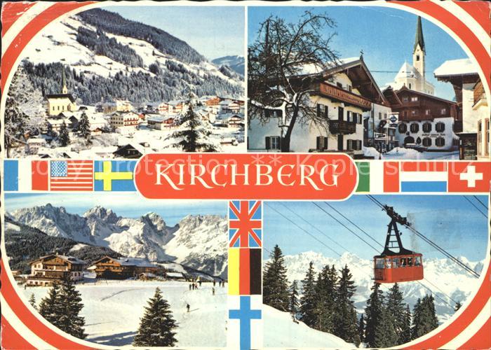Kirchberg Tirol Ortspartie an der Kirche Wintersportplatz Kabinenbahn