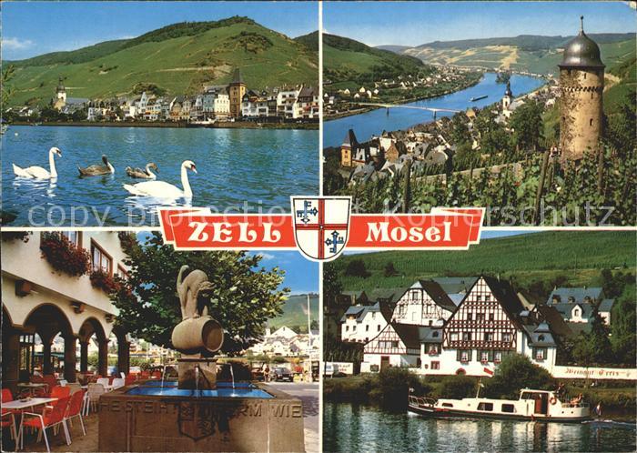Zell Mosel Moselpartie Schwaene Burgturm Brunnen Arkaden Motorboot