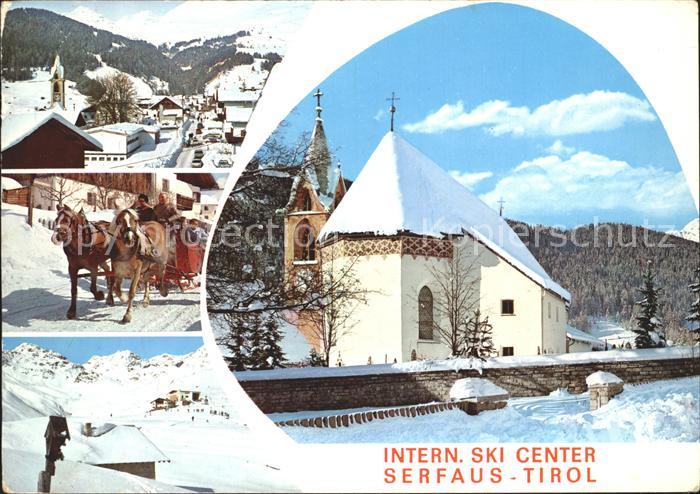 Serfaus Tirol Dorfmotiv Pferdeschlittenfahrt Panorama Kapelle