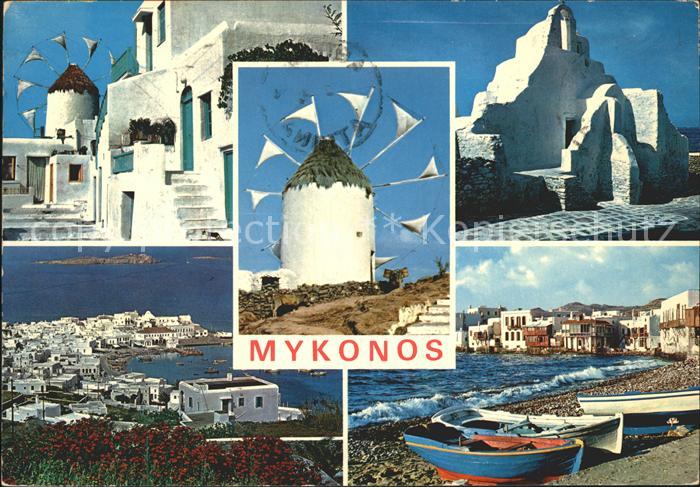 Mykonos Kykladeninsel aegaeis mit Muehlen und Kirche