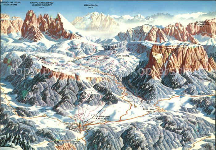 Kastelruth Suedtirol Seis und Seiseralm Panoramakarte