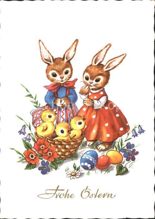 Vermenschlicht Hasen Ostern Kueken Ostereier Blumen