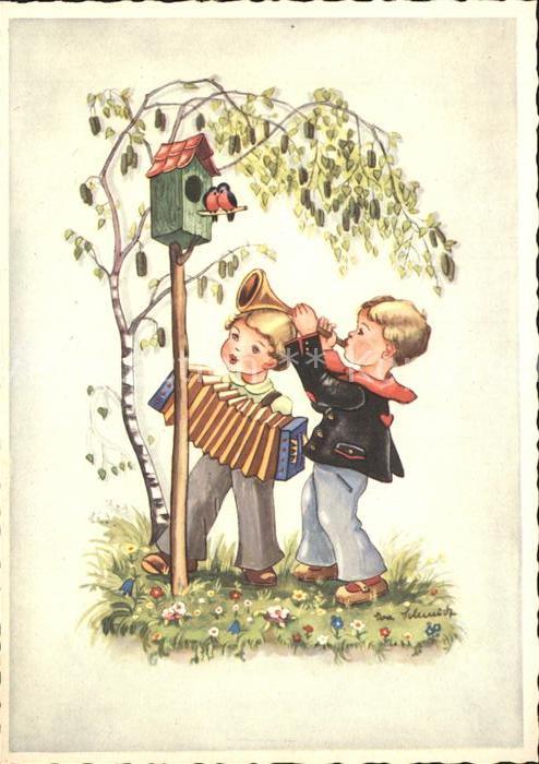 Kinder Child Enfants Musikanten Handharmonika Trompete Voegel Vogelhaeuschen