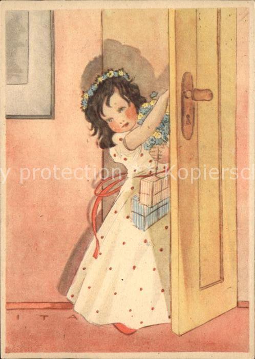 Kinder Child Enfants Maedchen Kleid Blumen Geschenke Tuer Kuenstlerkarte ITA