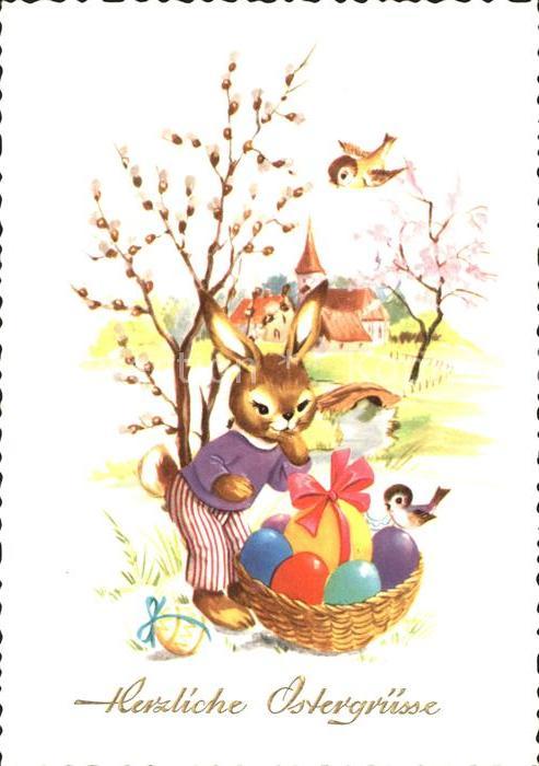 Vermenschlicht Hase Ostereier Ostern Voegel Weidenkaetzchen