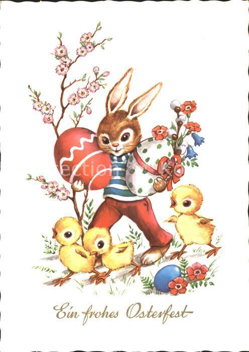 Vermenschlicht Hase Ostern Kueken Ostereier Blumen