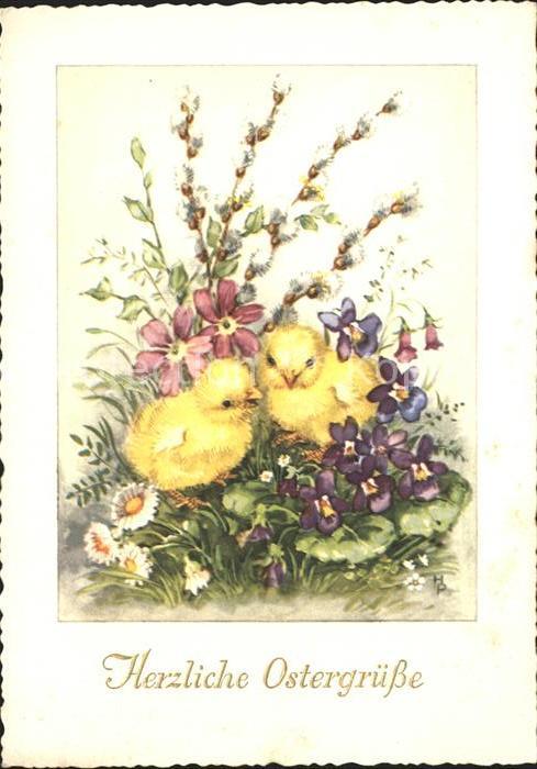 Ostern Easter Paques Kueken Veilchen Weidenkaetzchen Gaensebluemchen