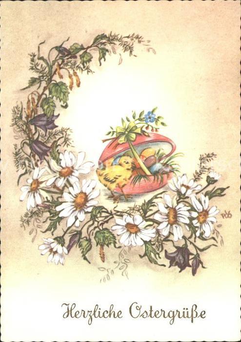 Ostern Easter Paques Kueken Ostereier Margeriten Glockenblumen