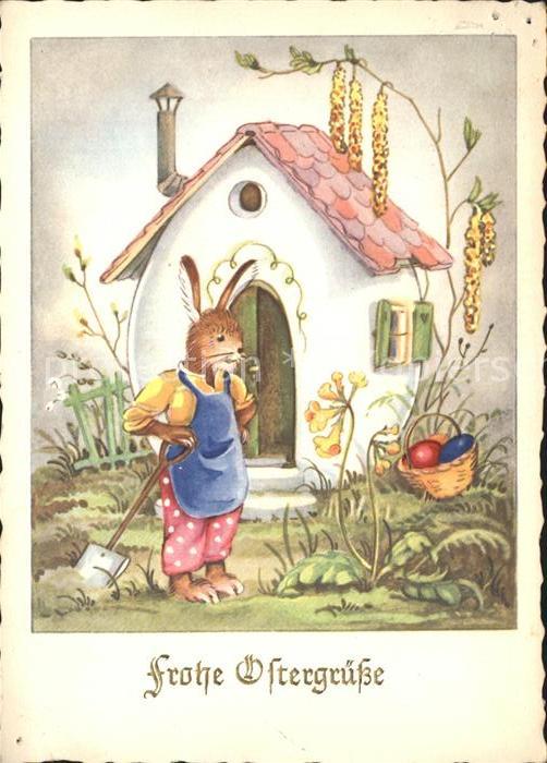 Vermenschlicht Hase Gaertner Ostereier Ostern Schluesselblume